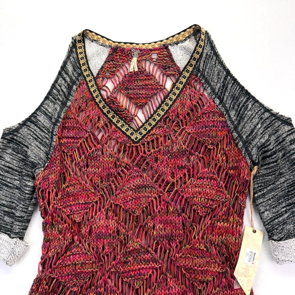 NEW BKE Womens Size Small Cold Shoulder Boho Crochet Knit Tunic Top Pink Orange - Picture 3 of 11